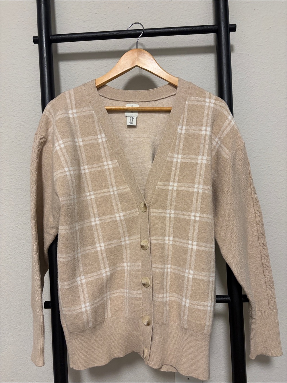 joie Beige Plaid V-Neck Button Cardigan Sweater Medium